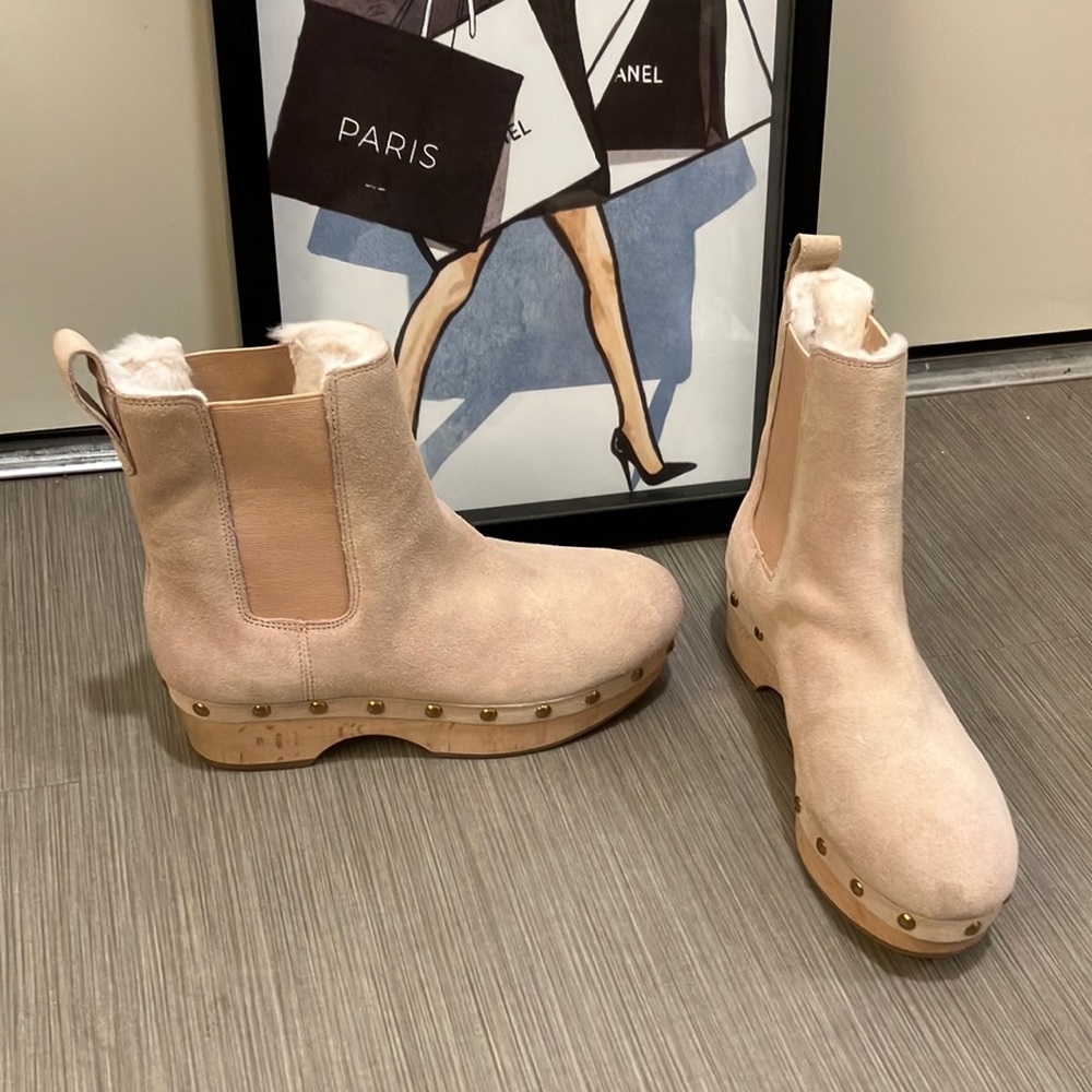 J. Crew Suede Chelsea Clog Boot Faux-Fur lining Bronzed Clay color Size 6.5